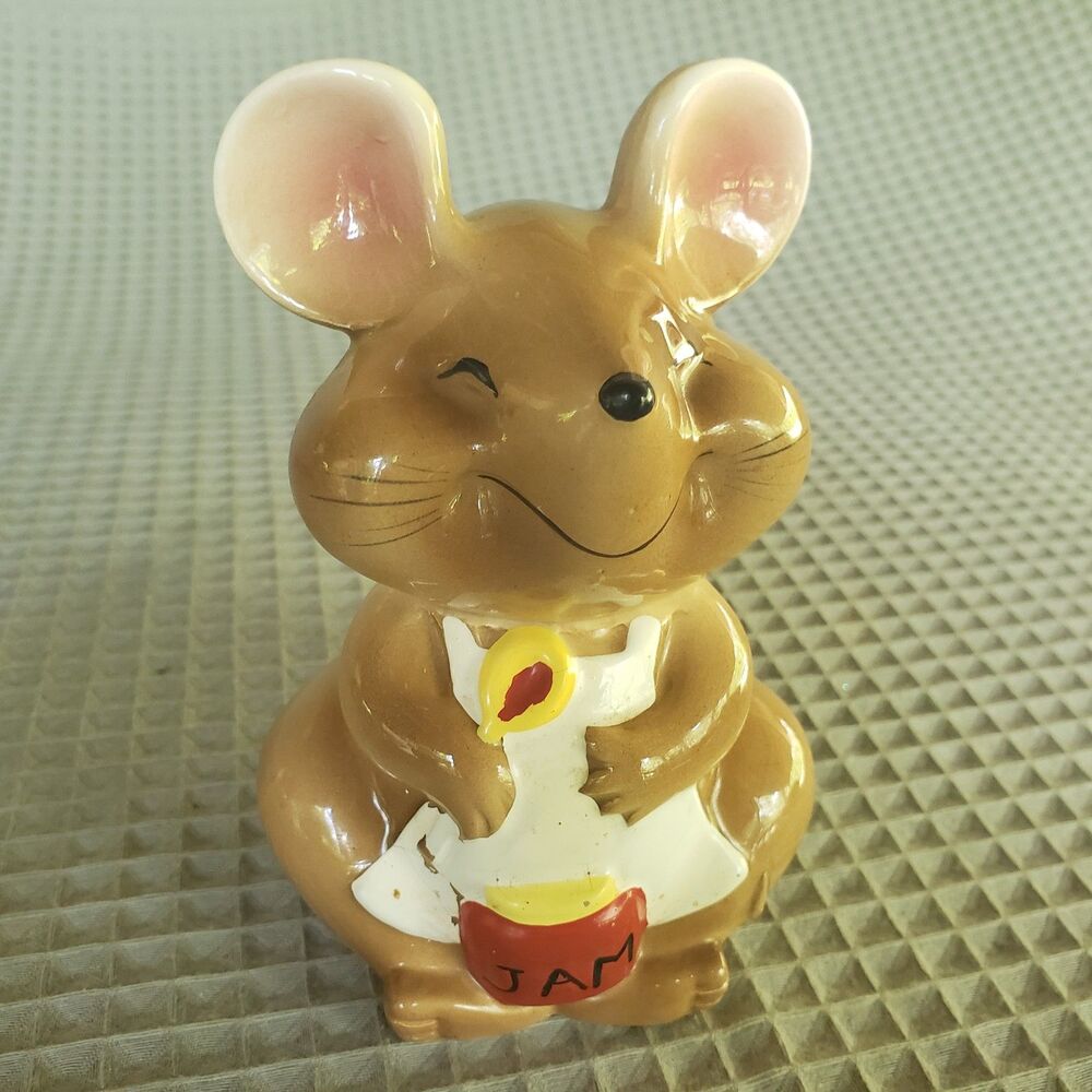Vintage Winking Mouse Ceramic Jam Jar Sugar Bowl Made in Korea 5.5" Figurine Lid